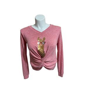 Merry Christmas Pink Sweater Sequin Llama Holiday‎ V Neck Pullover Size L